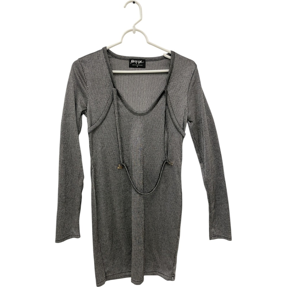 Nasty Gal‎ Dress Womens Size Small Black Gray Stripe Scoop Neck Long Sleeve